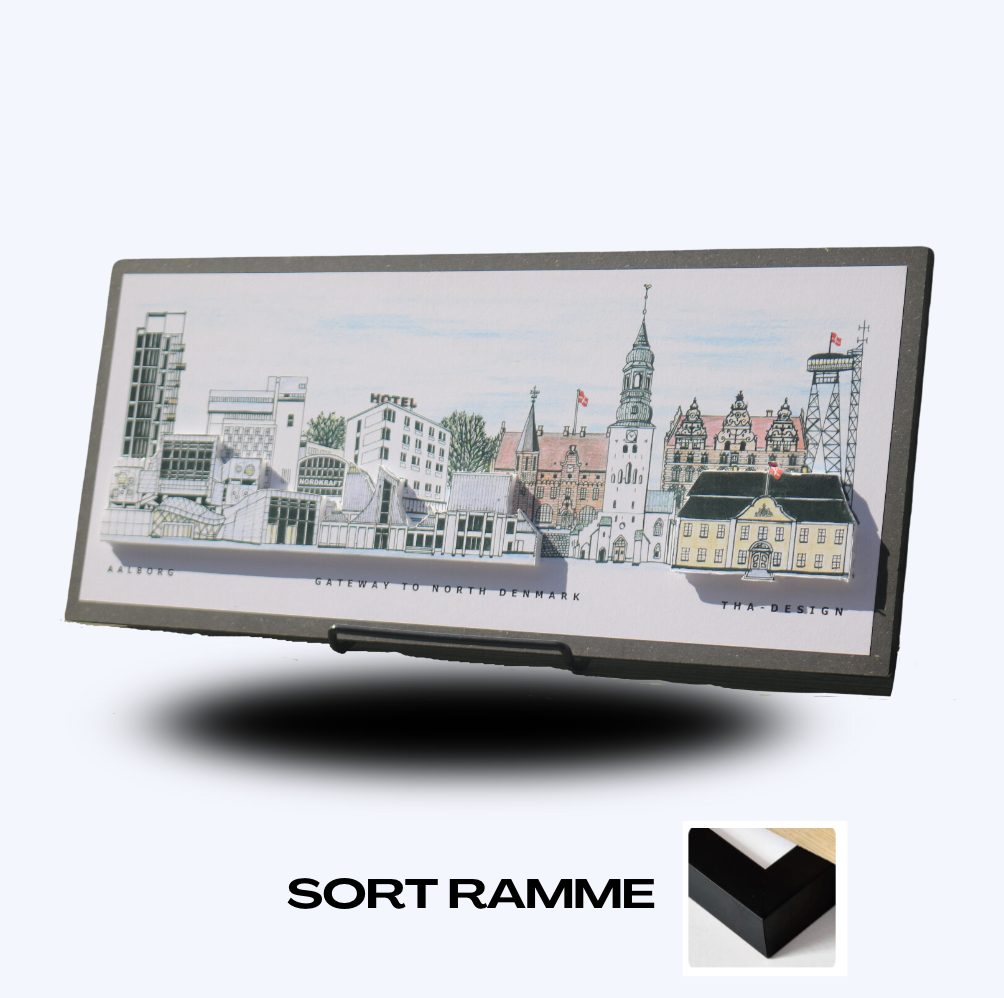 Håndtegnet 3D by-motiv af Aalborg