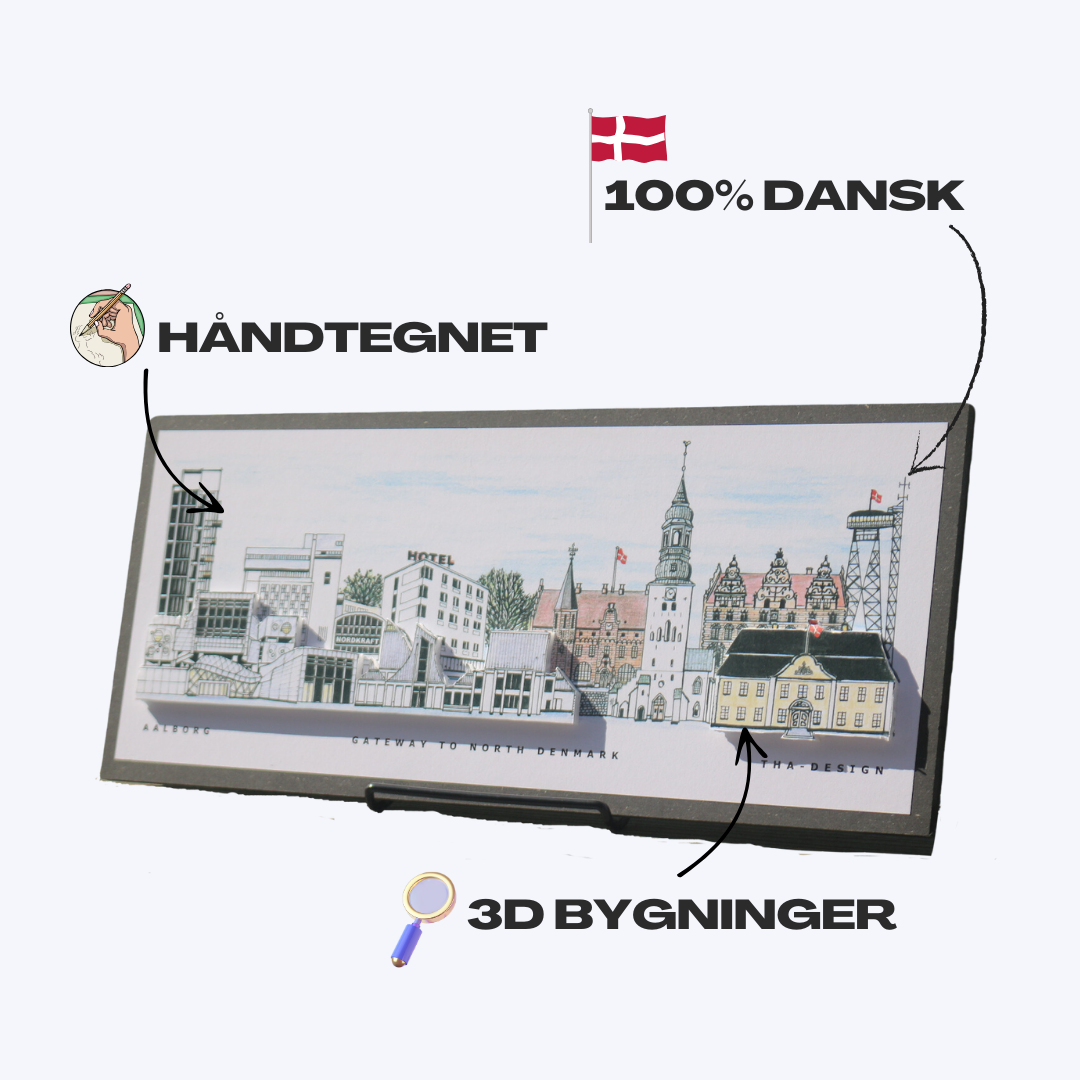 Håndtegnet 3D by-motiv af Aalborg